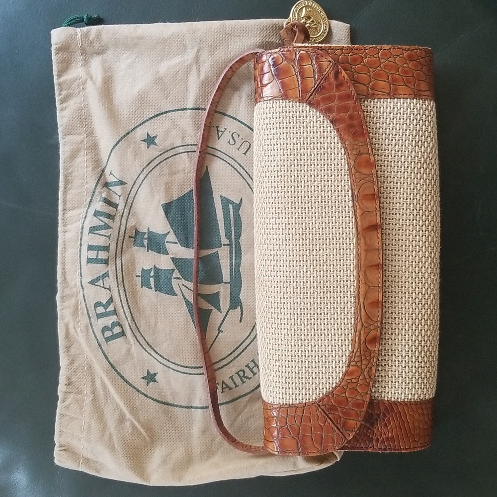 Brahmin Pecan Brown Croc Embossed Leather & Mesh Shoulder Bag / Clutch
